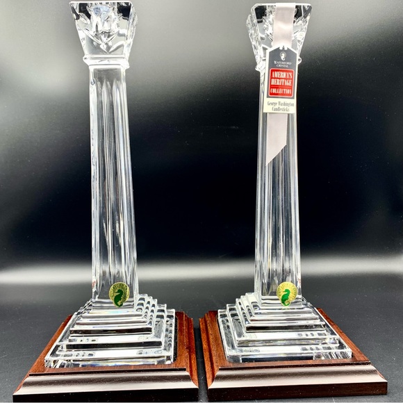Waterford Crystal George Washington Candlestick Holders 11.75” Wood Base HTF NIB - Picture 4 of 15